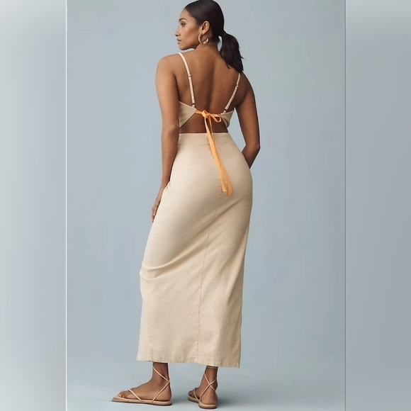 Anthropologie Ruched Slim Midi Dress with Tie Back in Khaki and Orange NWT - Picture 3 of 16